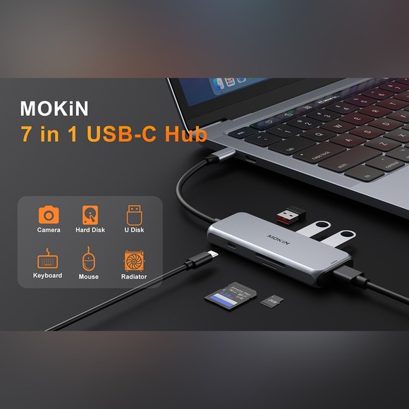 USB C Hub, USB C Adapter for MacBook Pro, 7 in 1 Multiport Mac Dongle w/4K/60Hz - Picture 2 of 12